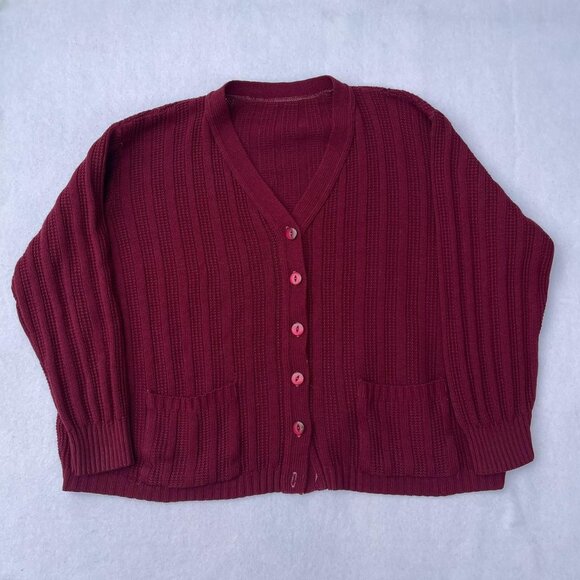 Vintage Maroon Burgundy Grandpa Knit Cardigan Baggy Oversized Size M Fall Autumn - Picture 1 of 7